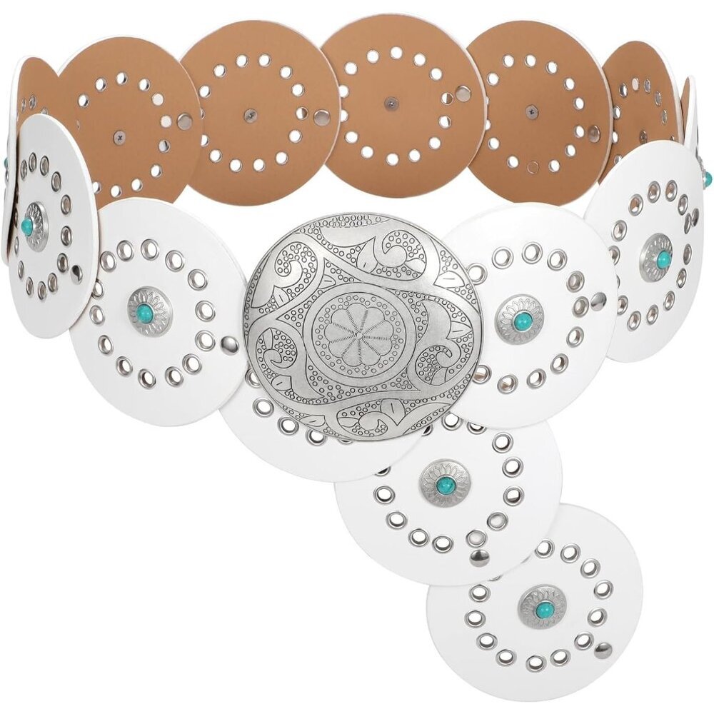 Woman's Western PU Leather Belts Concho Disc Wide Waist Belt White Silver Buckle